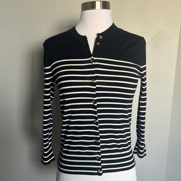 J. Crew Striped Jackie Sail Cardigan w/ Gold Anchor Buttons Nautical Top Sweater - Picture 2 of 12